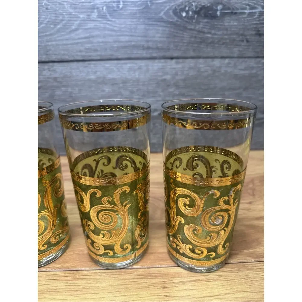 MCM Vintage Culver Toledo Green/22k Gold Highball Tumbler Glasses~4 Pc Set